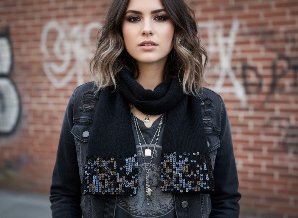 Black Wool Blend Sequin Scarf